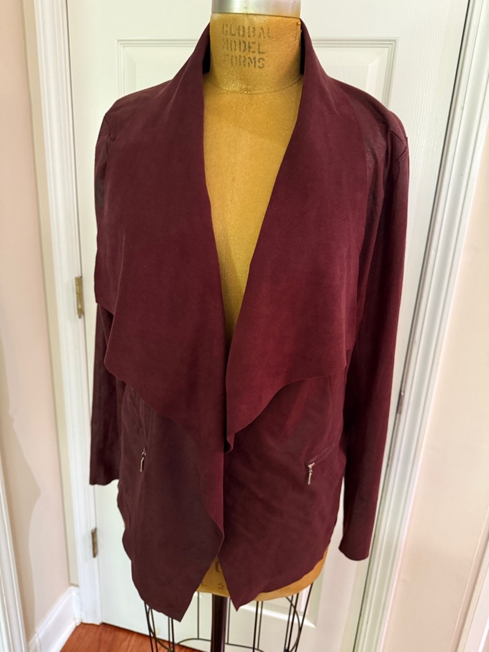 Draped Open Front Women's Jacket - Burgundy